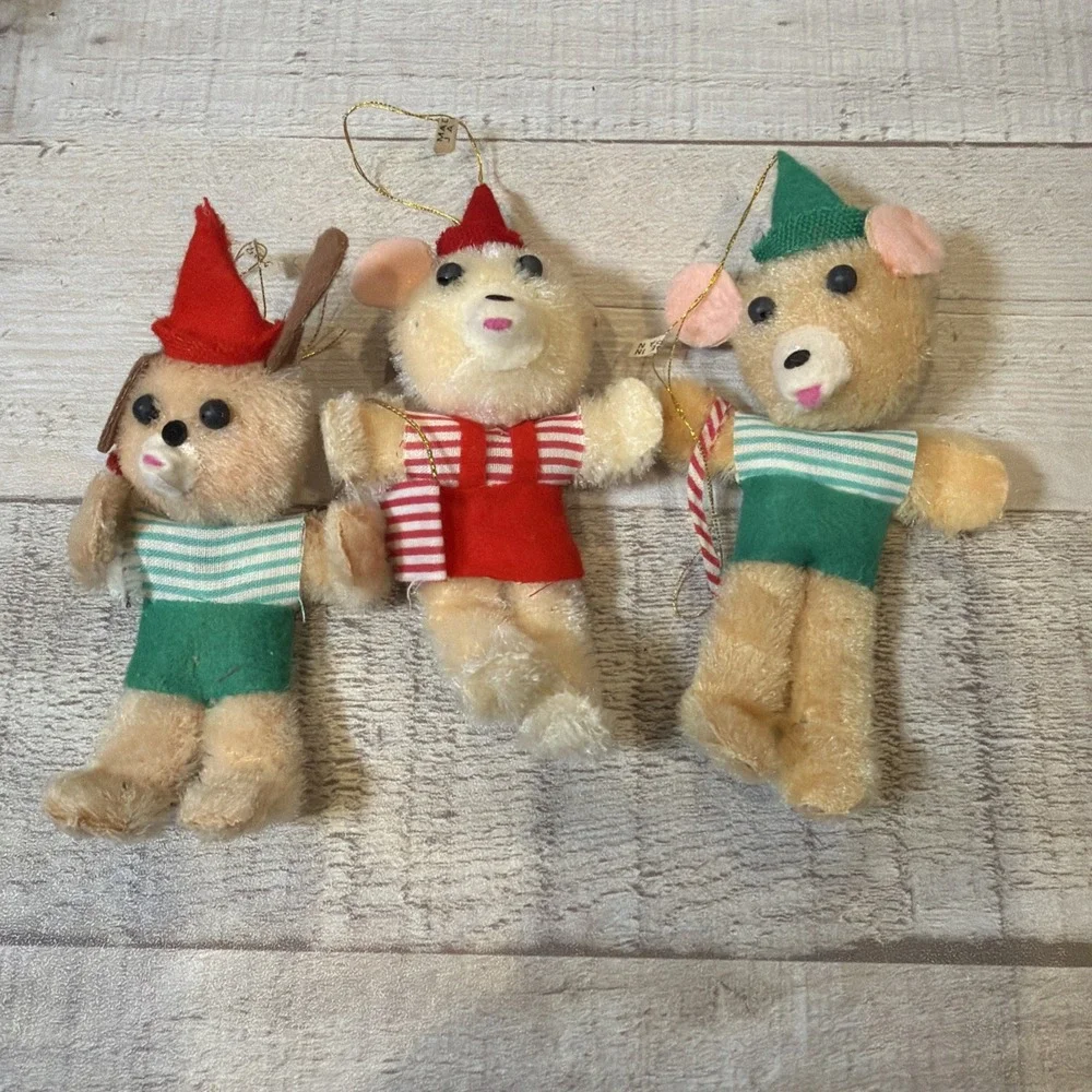 Vintage 1960s Japan Teddy Bear Christmas Ornaments Lot 3 Chenille Mohair Posable